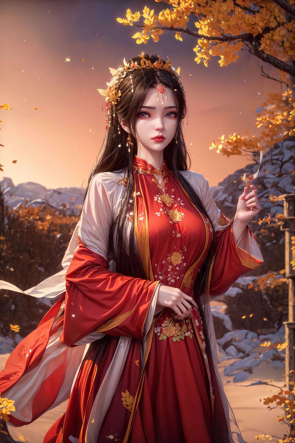 绘制于细腻笔触间的李慕婉身着东方元素的华美服饰