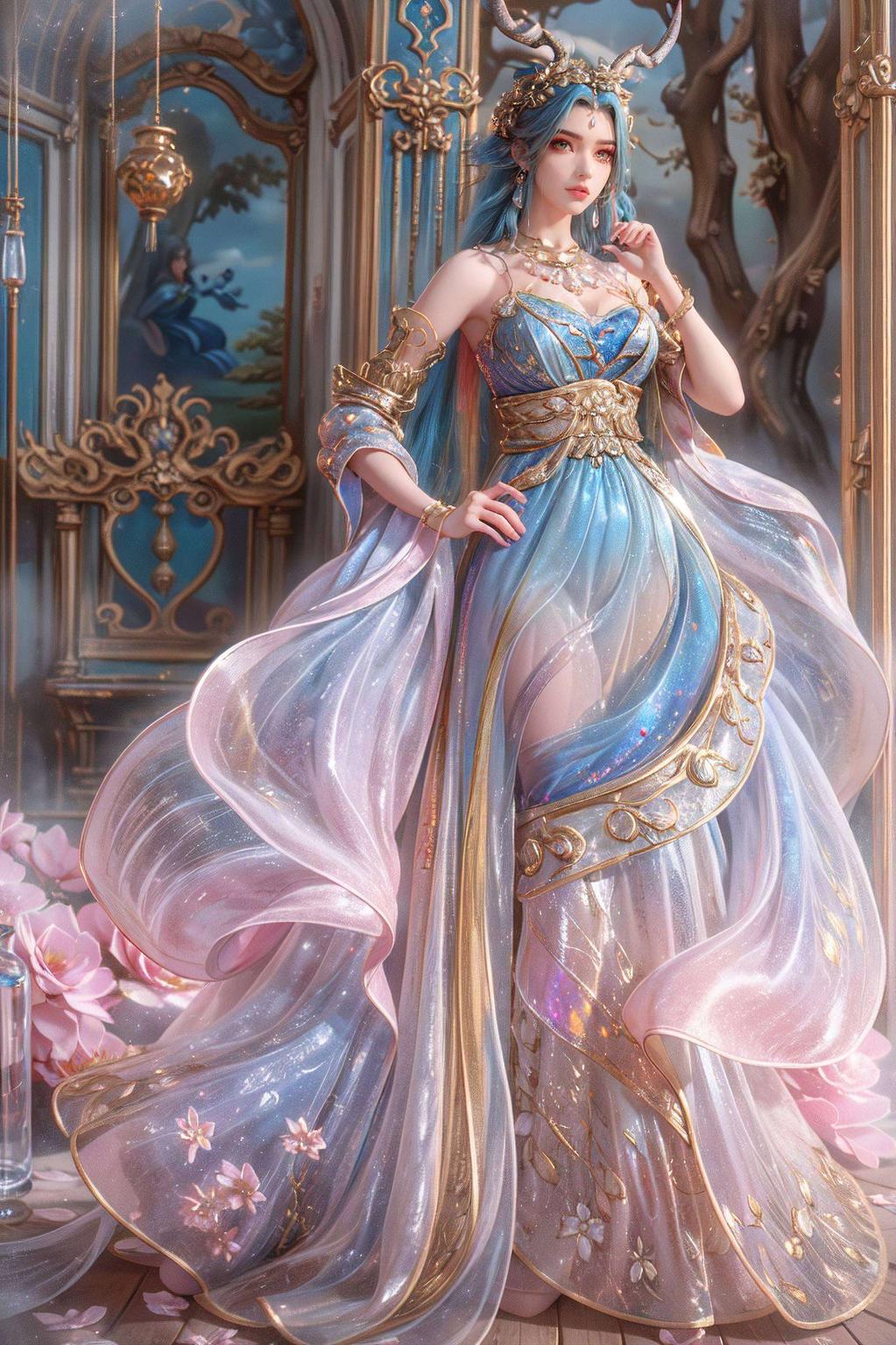展现了她霸气十足的姿态绿色背景与龙女的红衣形成鲜明对比