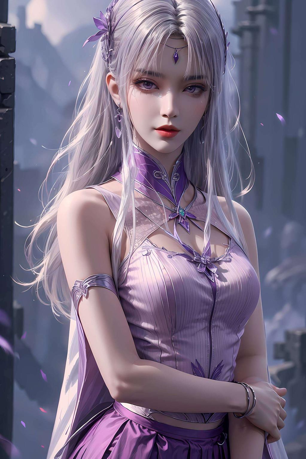 她眼含笑意粉色的背景中