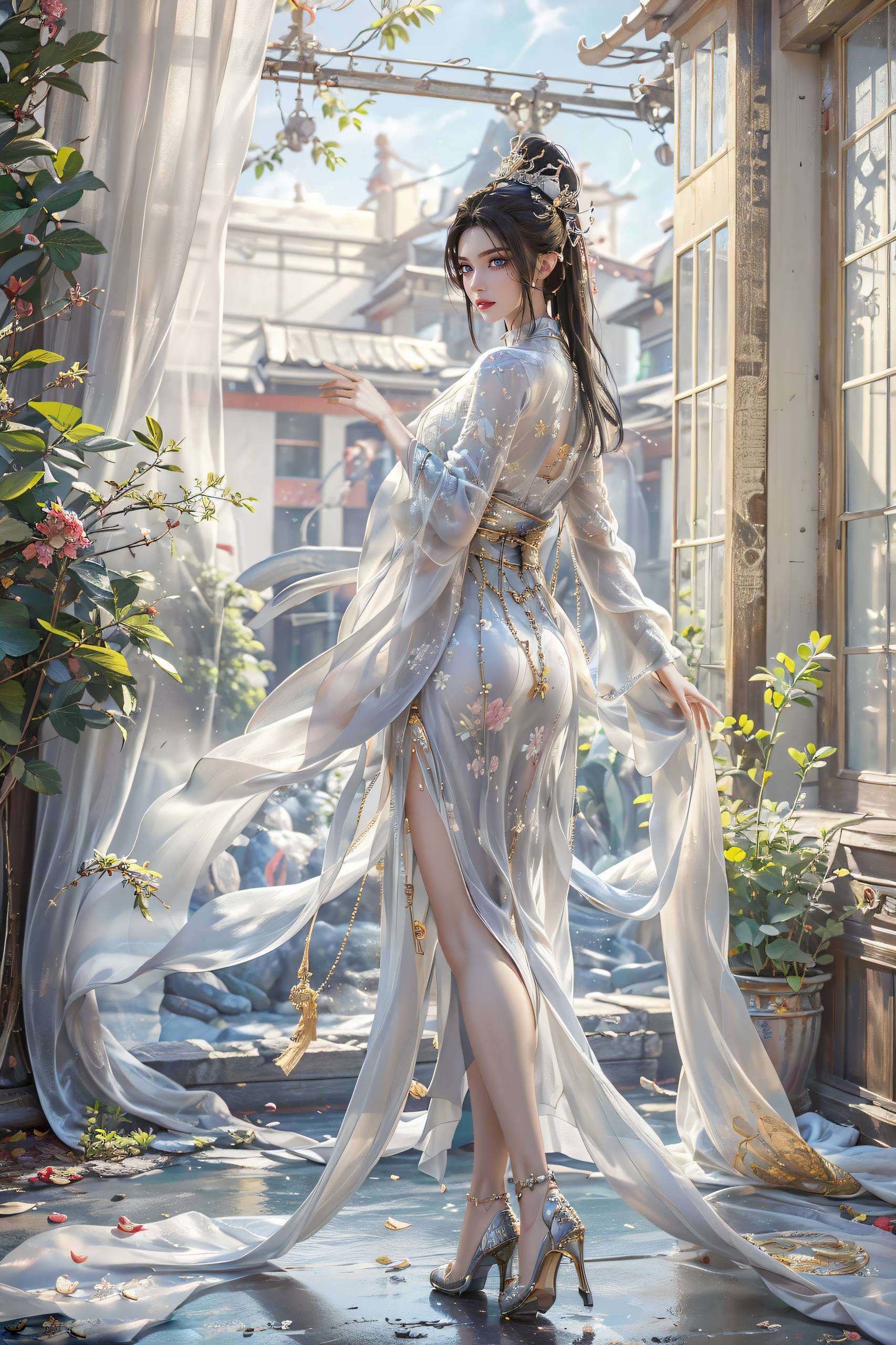 她的眼神深邃如星辰捕捉了她御剑飞行时的飘逸